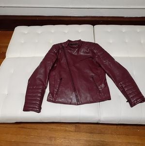 Burgundy Asymetrical Leather Moto Jacket